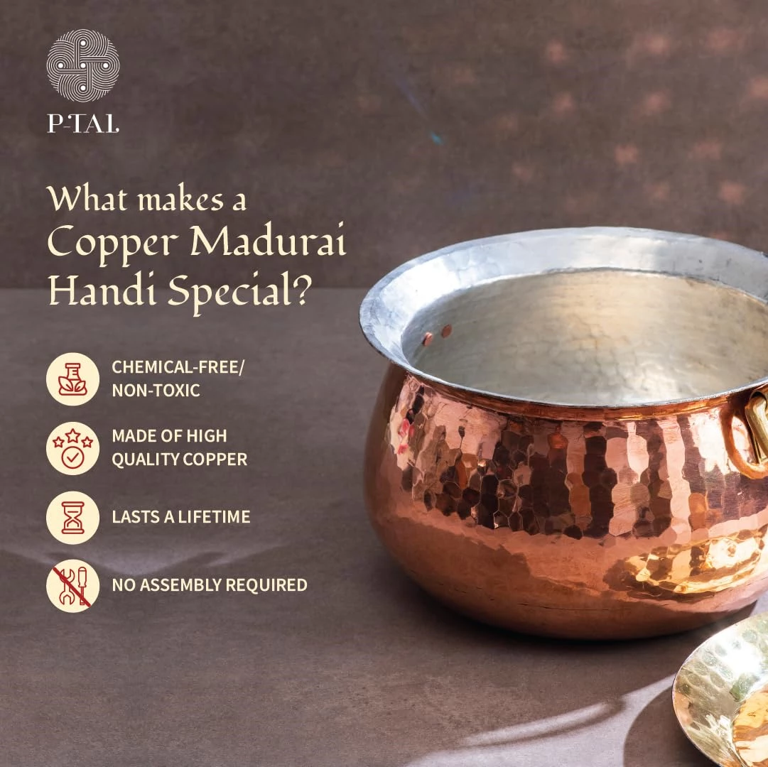 P-TAL Copper Madurai Handi Tin Coated with Lid, 2300 g-3.webp